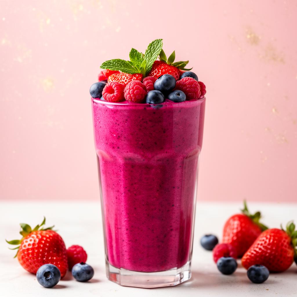 Fresh mixed berry smoothie topped with strawberries and blueberries